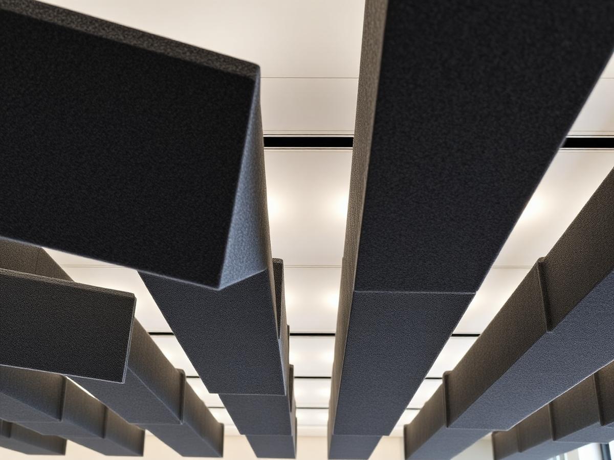 Charcoal felt acoustic baffles suspended in a modern office ceiling