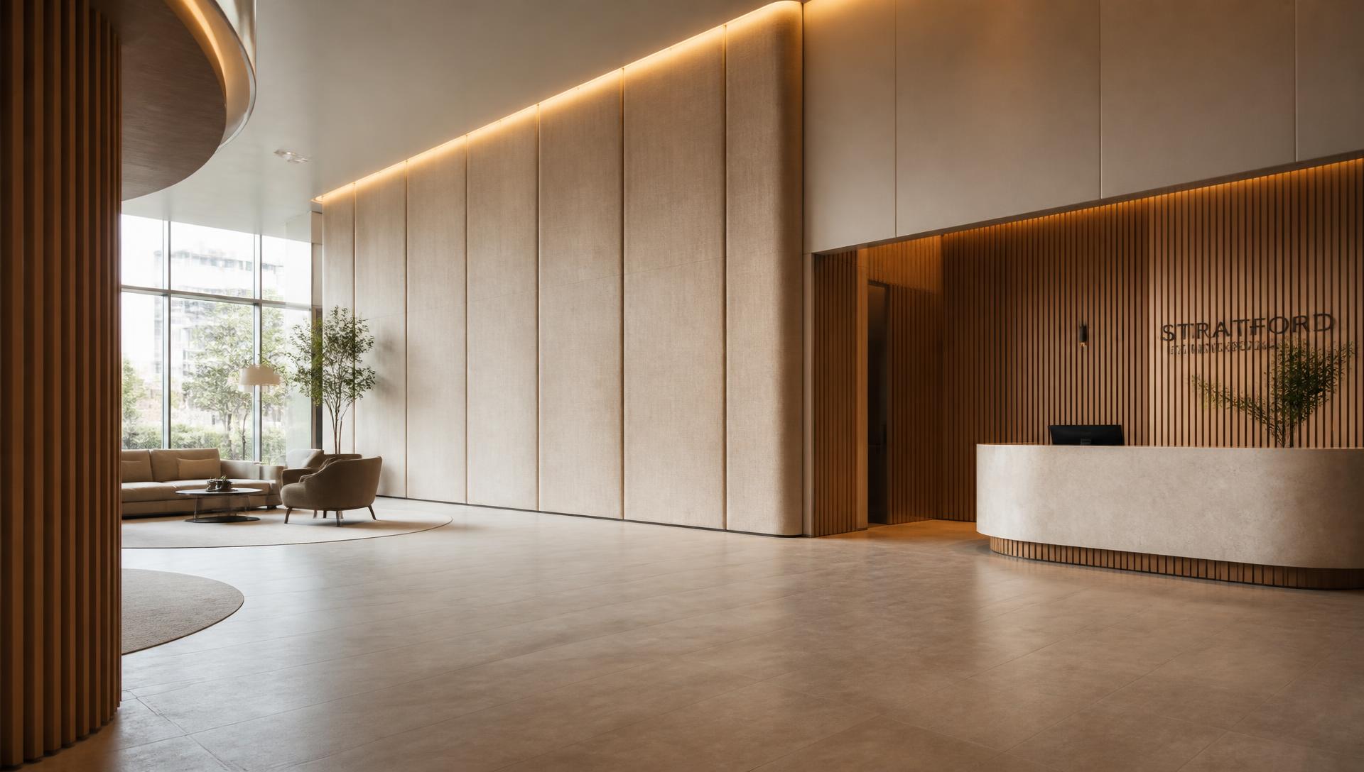 Corporate lobby with full-height stretched fabric wall panels in warm linen